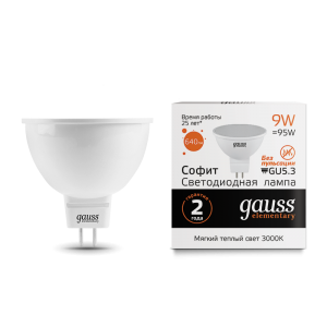 Лампа Gauss LED Elementary MR16 GU5.3 9W 3000K (13519) - Царь-Свет - светильники, мебель, предметы интерьера