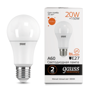 Лампа Gauss Elementary LED A60 20W E27 3000K 1/10/40 (23219) - Царь-Свет - светильники, мебель, предметы интерьера