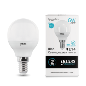 Лампа Gauss LED Elementary Globe 6W E14 4100K 1/10/50 (53126) - Царь-Свет - светильники, мебель, предметы интерьера